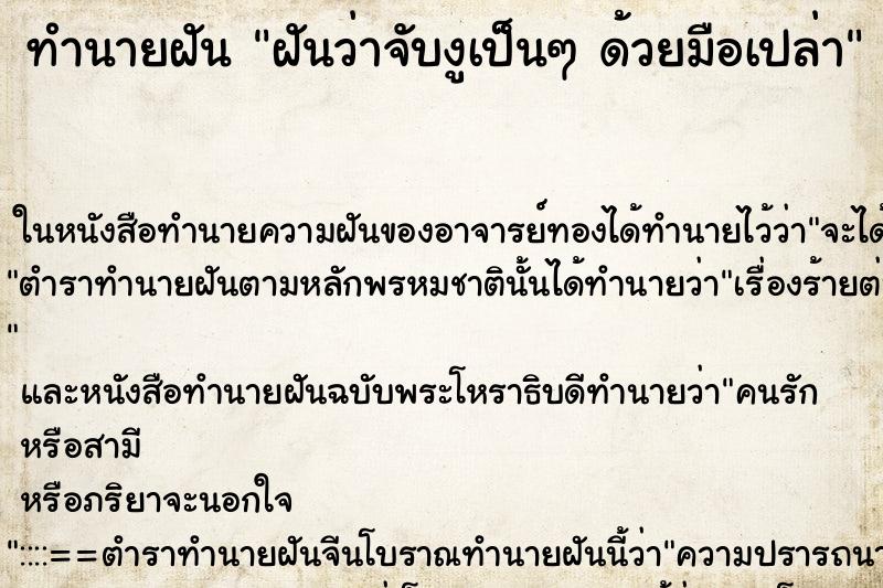 ทำนายฝันฝันว่าจับงูเป็นๆด้วยมือเปล่า ทำนายฝันทำนายฝันฝันว่าจับงูเป็นๆด้วยมือเปล่า